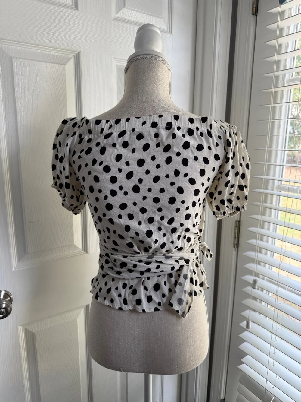 Reformation Cream and Black Polka Dot Off-Shoulder Tie Top